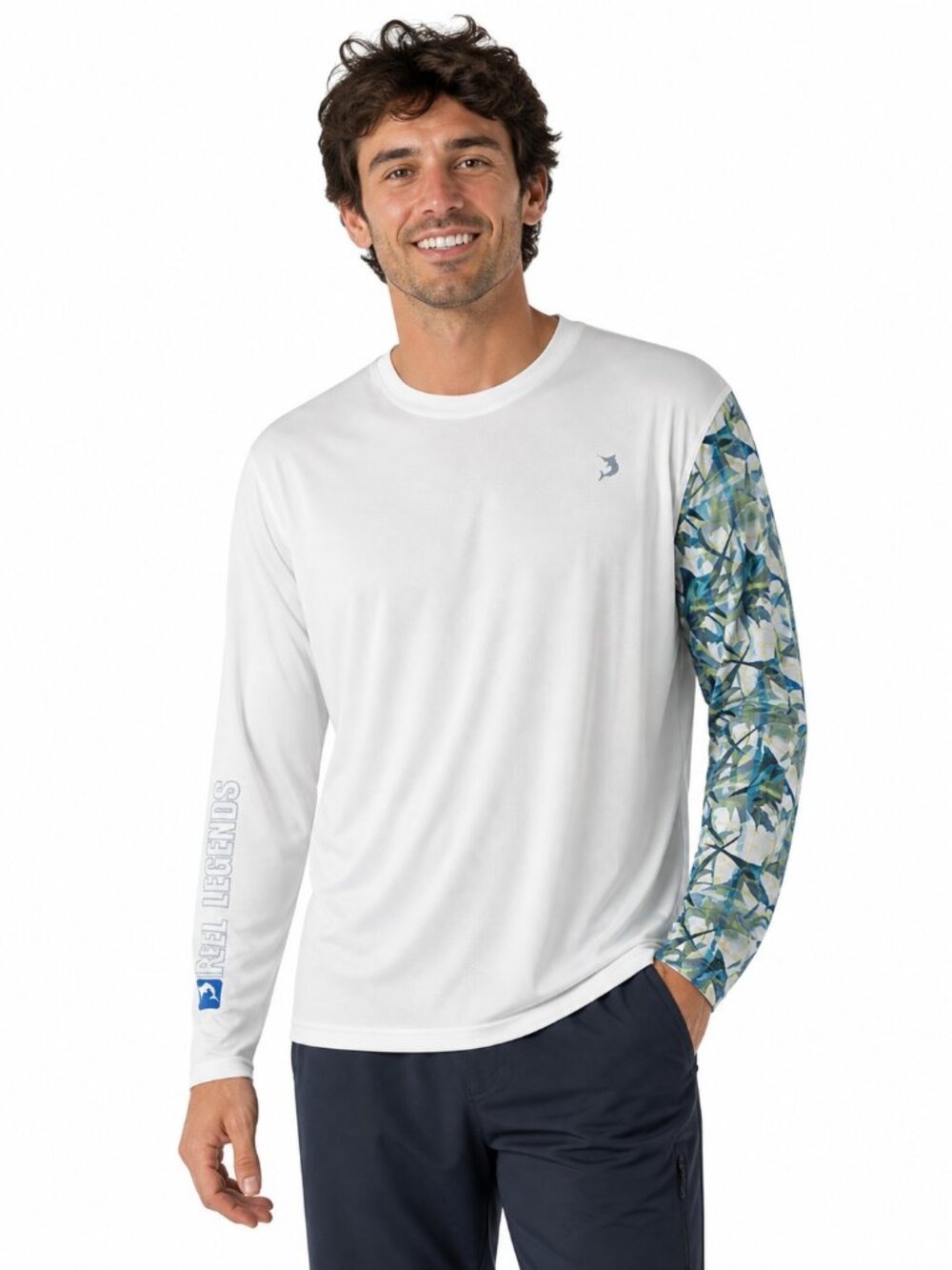 Reel Legends Performance Shirt Large White Blue Green Fishing UV Long Sleeve
